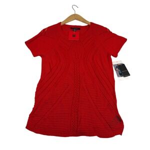 Fever Womens Red Short Sleeve Pointelle Knit Sweater Top Size Medium NWT